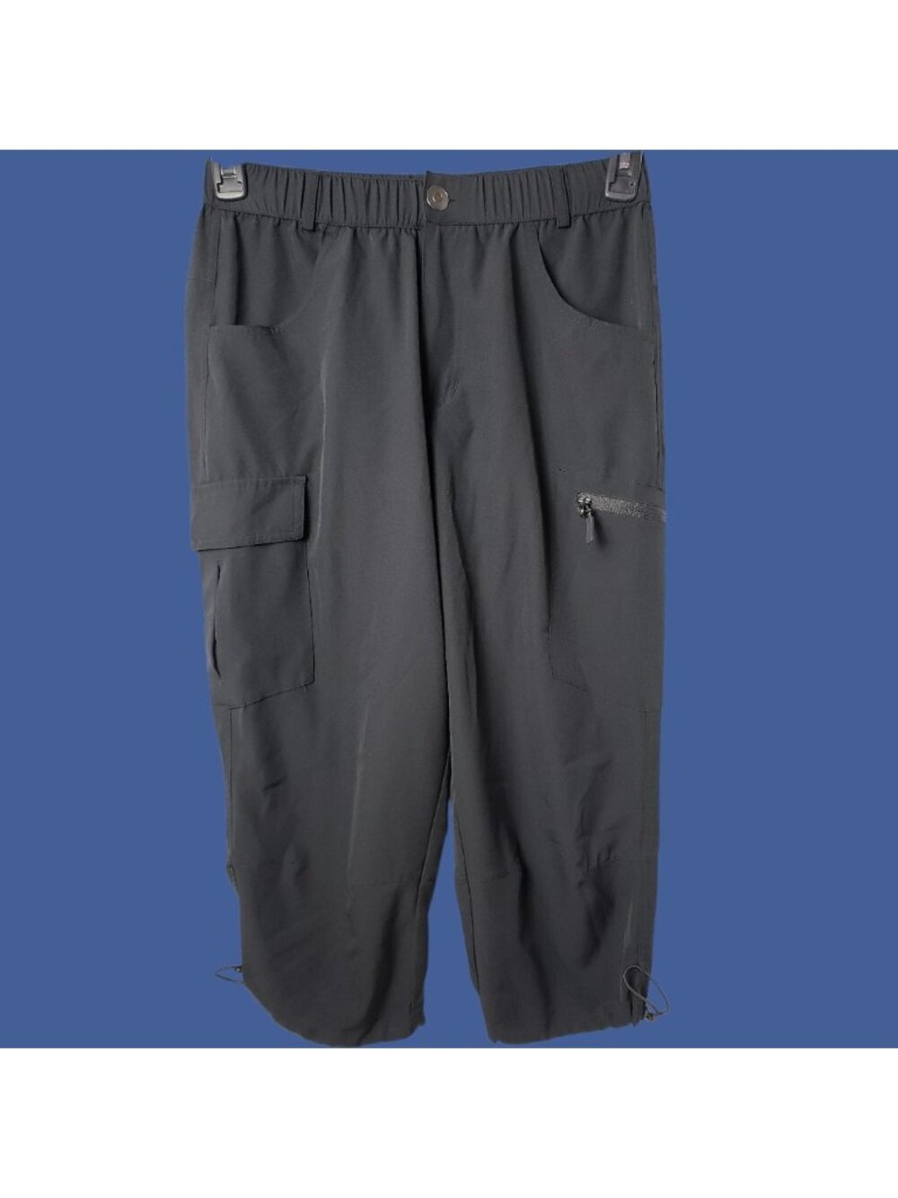 Santiny Womens Cropped Cargo Pants W/Elastic Waist & Adjustable Hem Black Small - Picture 2 of 15